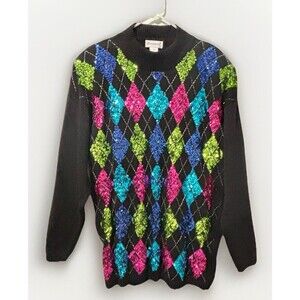 Eminent Vintage Sweater 90’s Sequin Diamond Argyle Multicolor S L